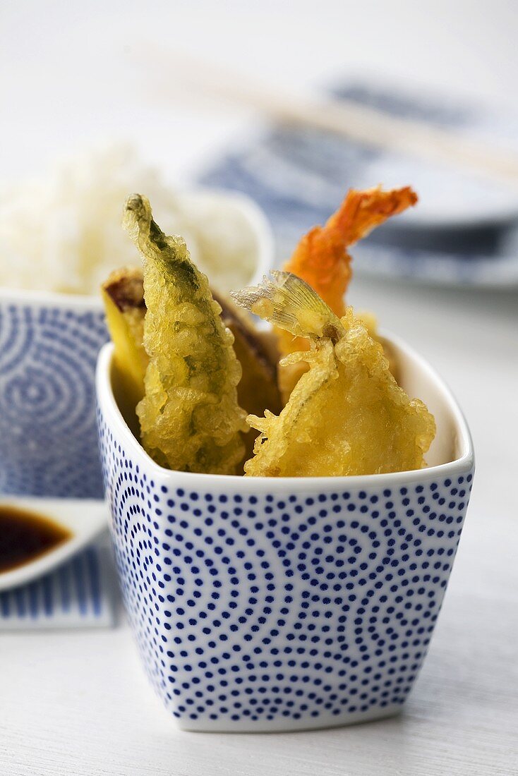 Okra pod, sweet potato and seafood in tempura batter