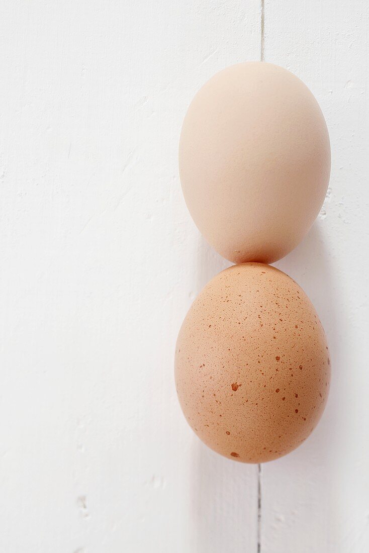 Two brown eggs on white wooden background