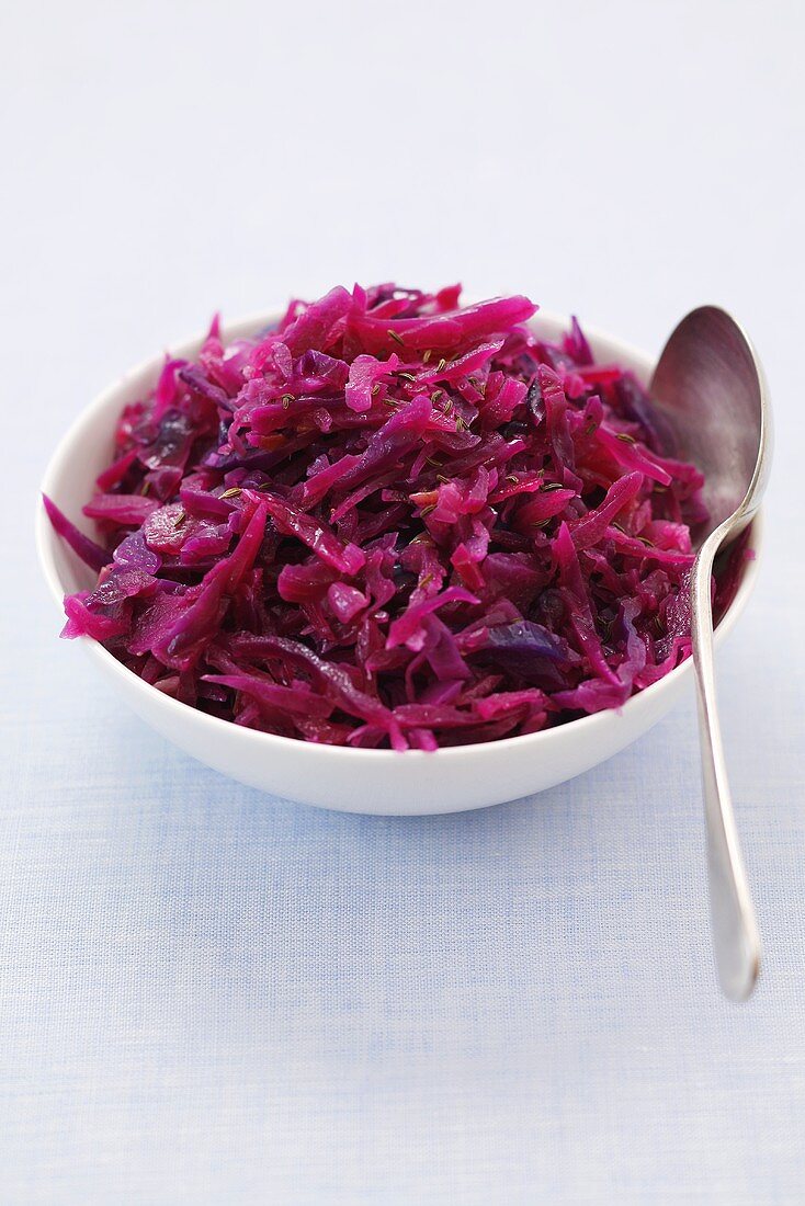 A bowl of red cabbage with onions and cumin, Silesia