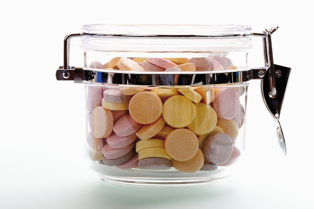 Glucose tablets in storage jar