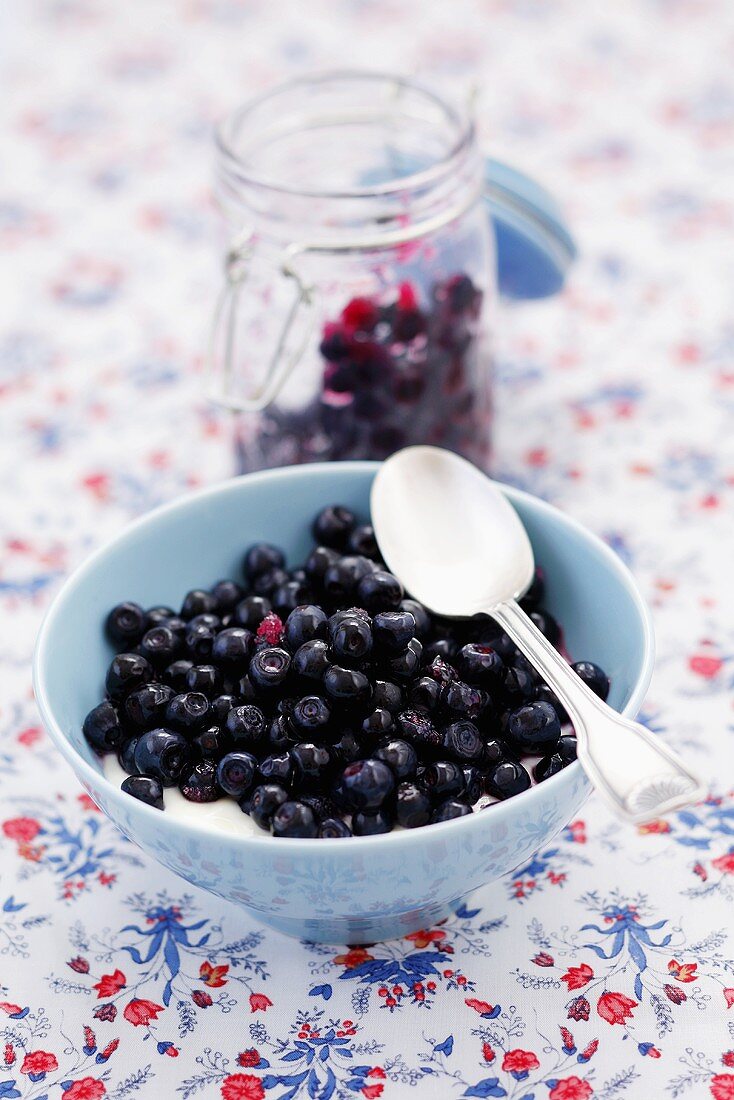 Sugared bilberries with cream (Vaccinium myrtillus)