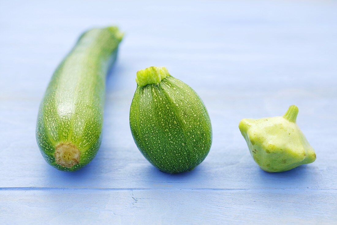 Courgette, round baby courgette and baby patty pan squash