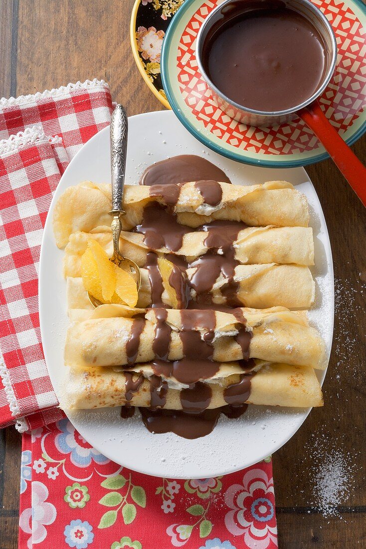Hungarian pancakes with curd cheese filling & chocolate sauce