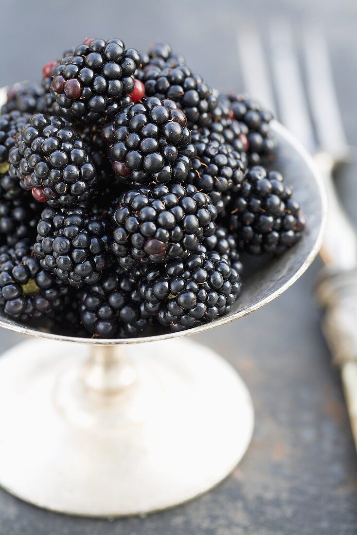 Blackberries in a silver stemmed bowl