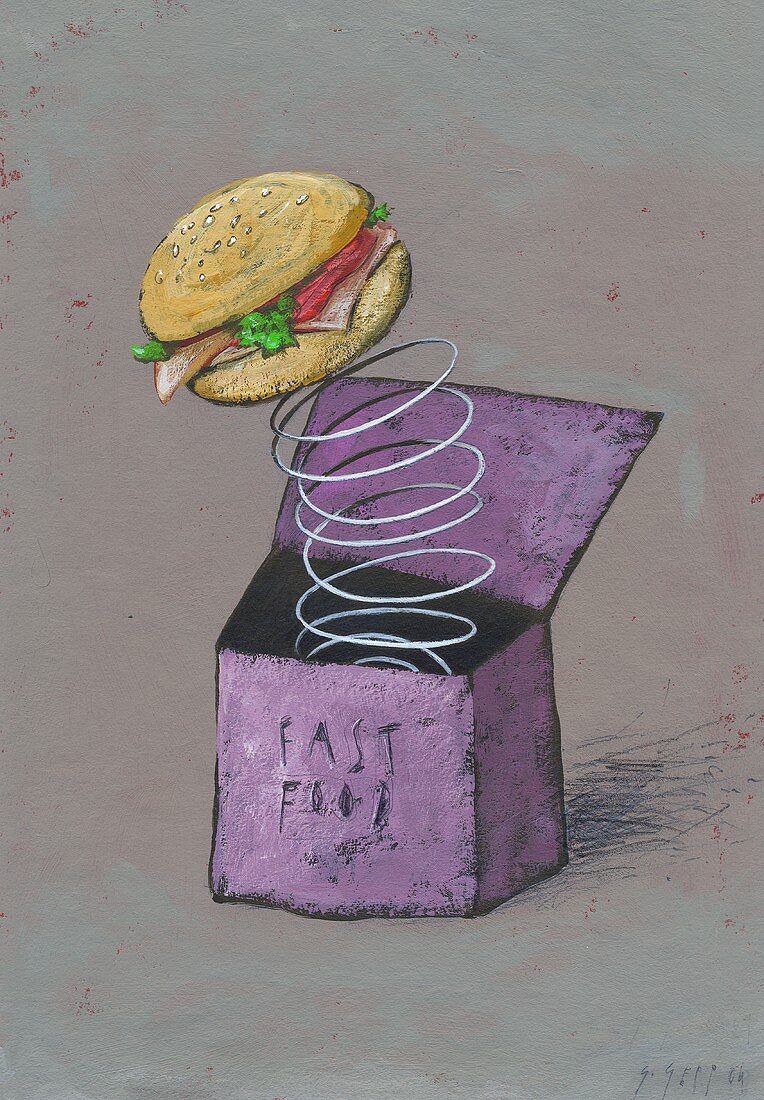 Hamburger jumping out of box (Illustration)