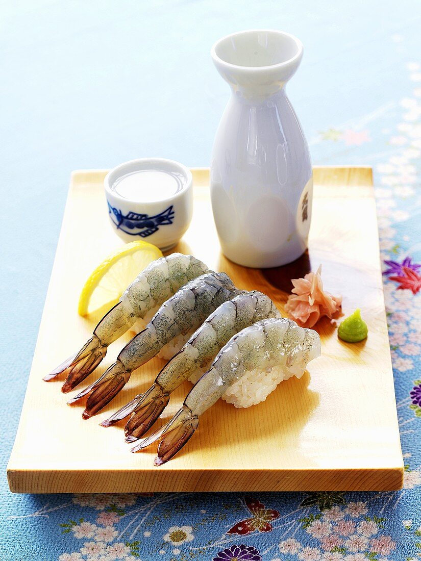 Prawn sushi with sake