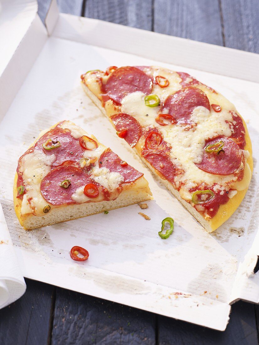 Salami pizza with chilli rings on pizza box