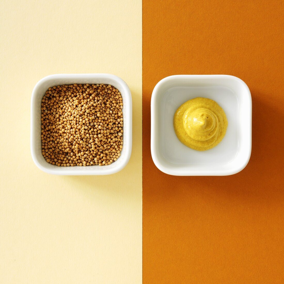 Mustard seeds and mustard (overhead view)