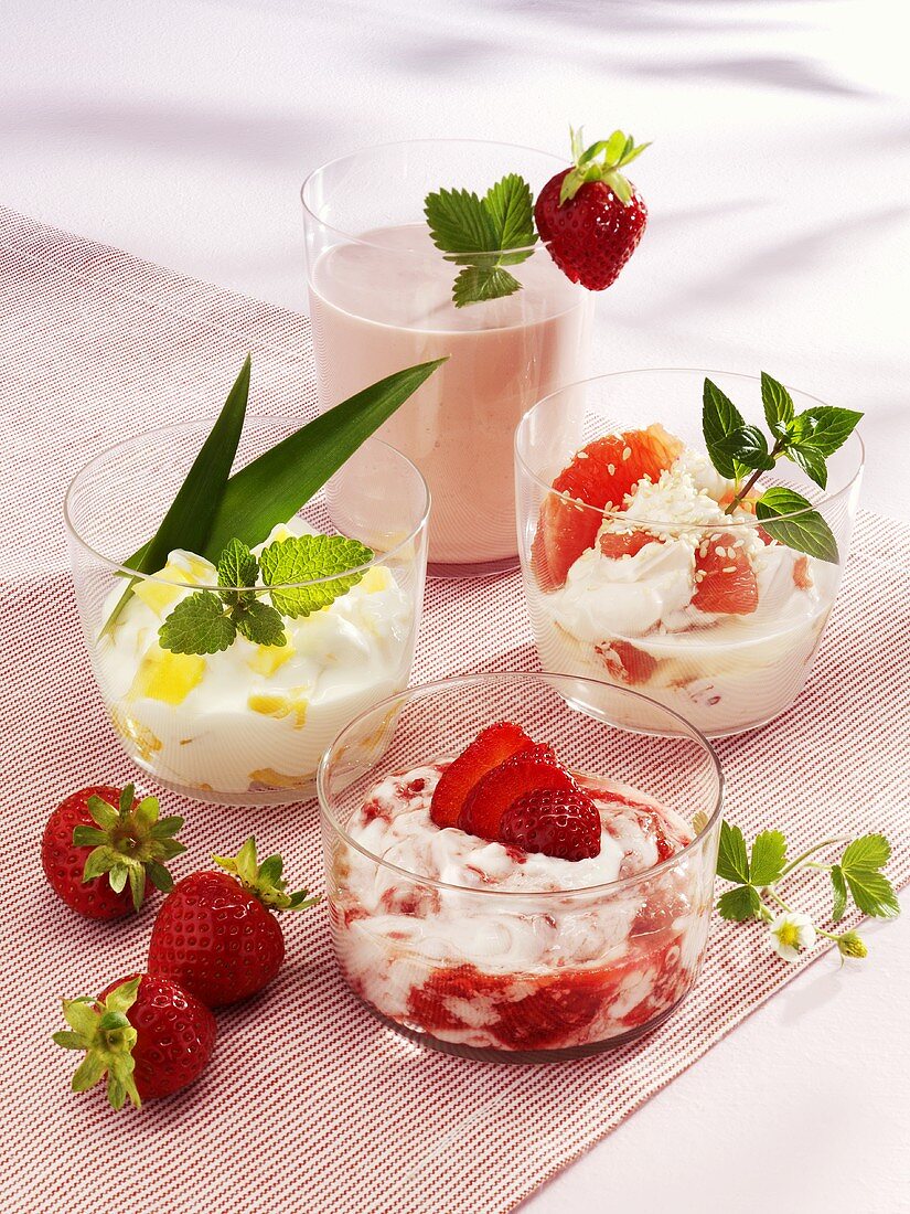 Pineapple yoghurt, strawberry quark, soft cheese with grapefruit, strawberry kefir