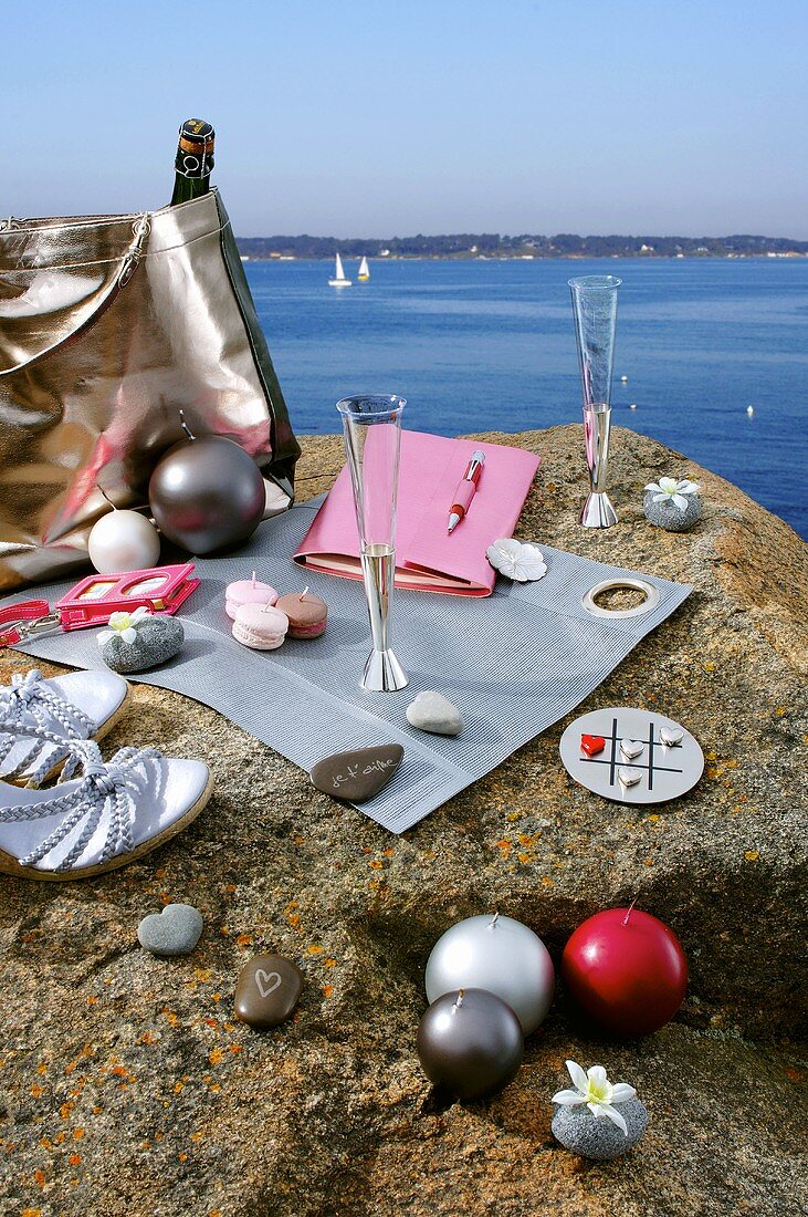 Romantic picnic on a rocky shore