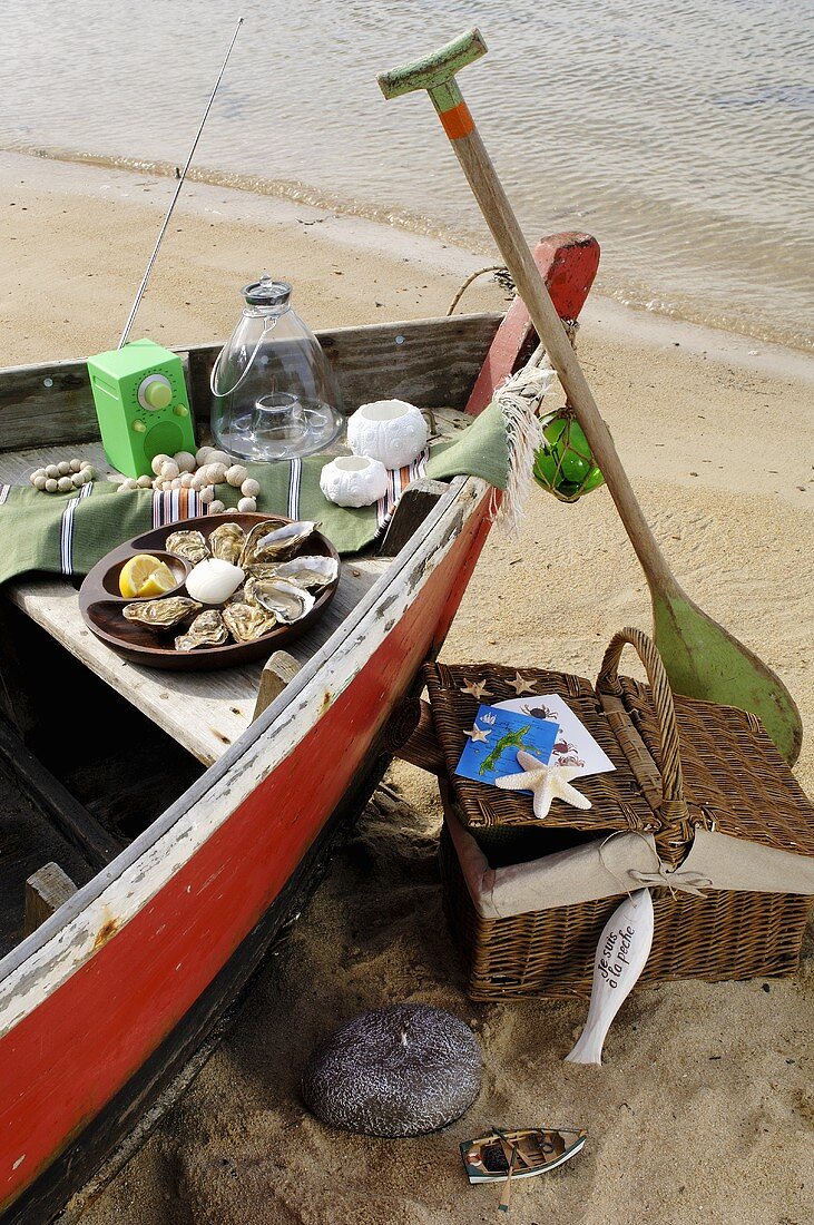 Picnic in a boat on a sandy beach