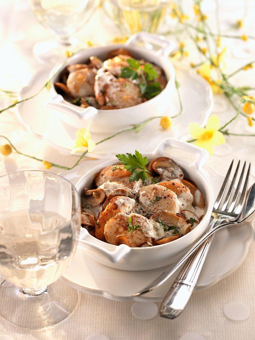 Jakobsmuscheln mit Champignons in Sahnesauce