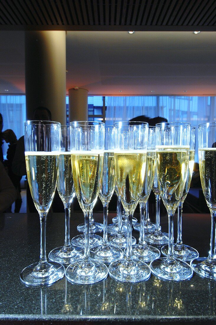 Glasses of sparkling wine on a buffet