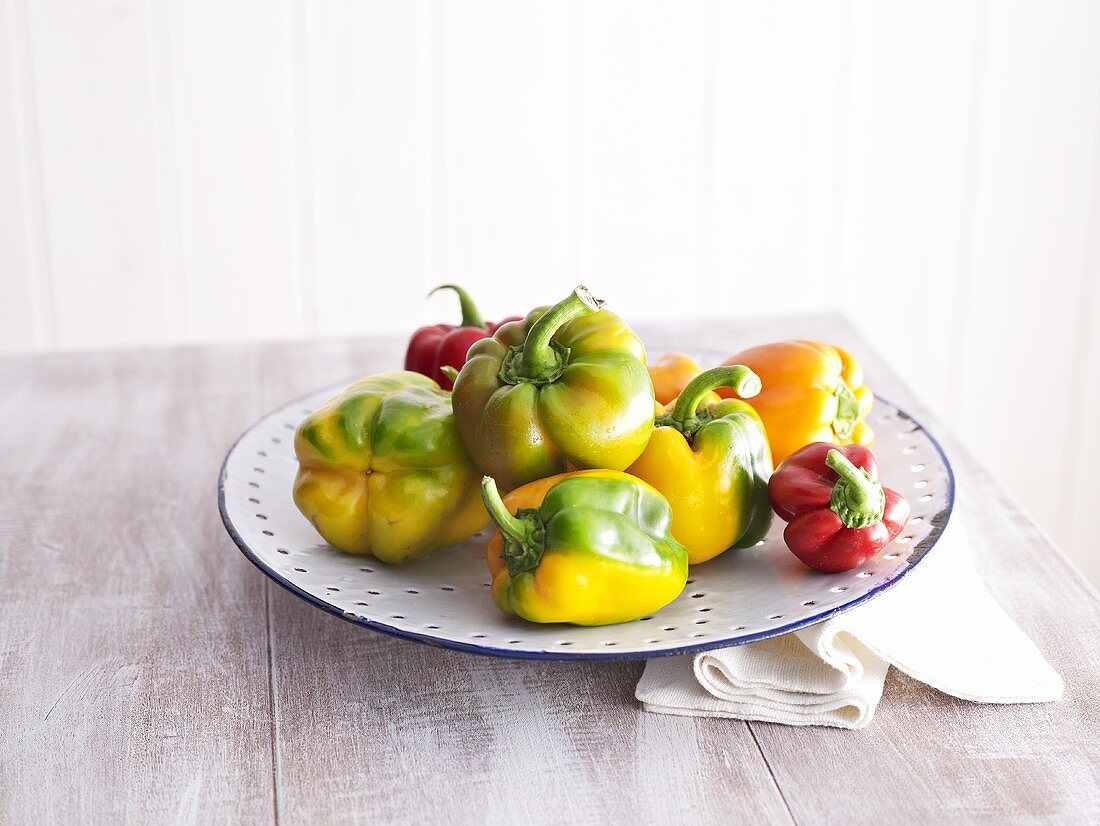 Assorted peppers on perforated plate