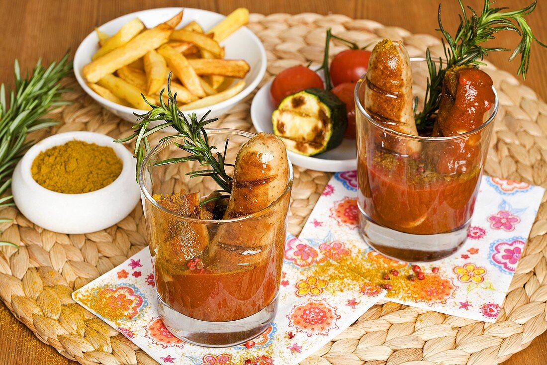 Currywurst (sausages with curry sauce) in glasses, chips