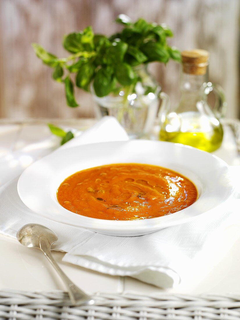 Gazpacho, Olivenöl und Basilikum