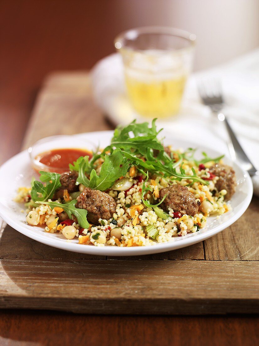 Couscous mit Hackbällchen und Rucola