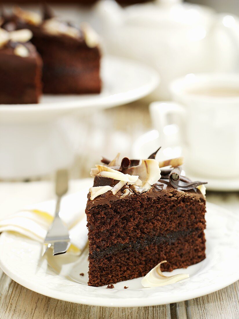 Piece of chocolate cake with chocolate shavings