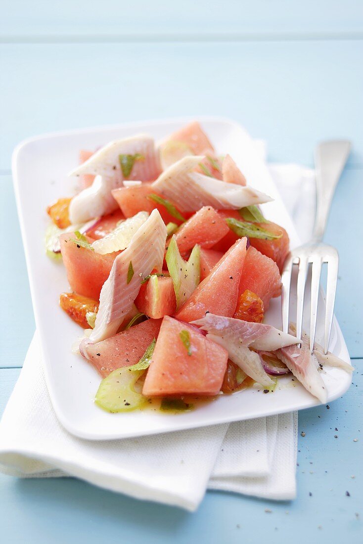 Watermelon salad with smoked trout
