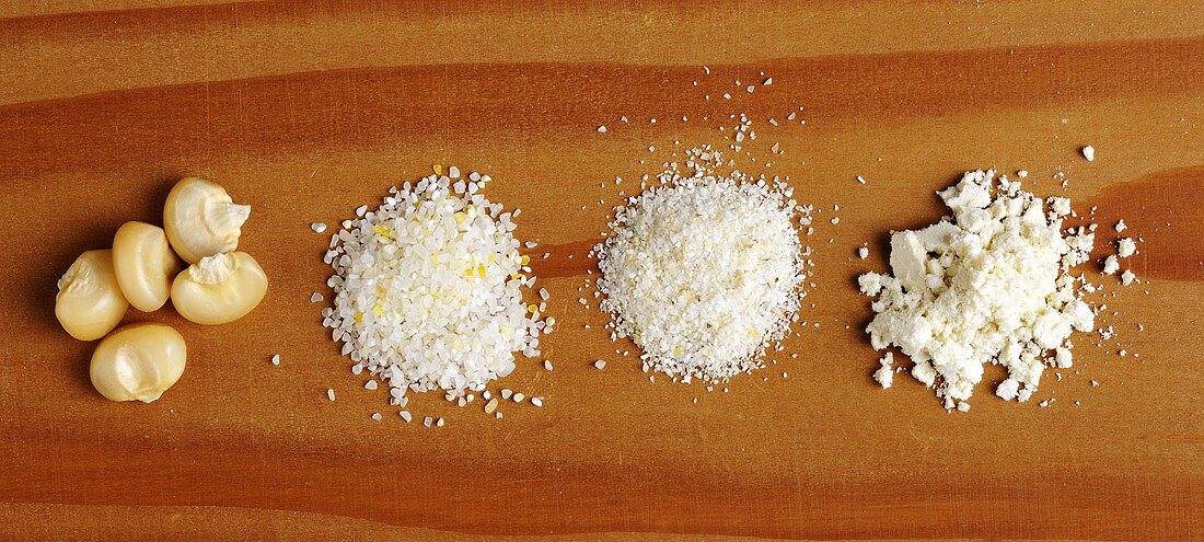 Corn kernels, cornmeal and corn flour