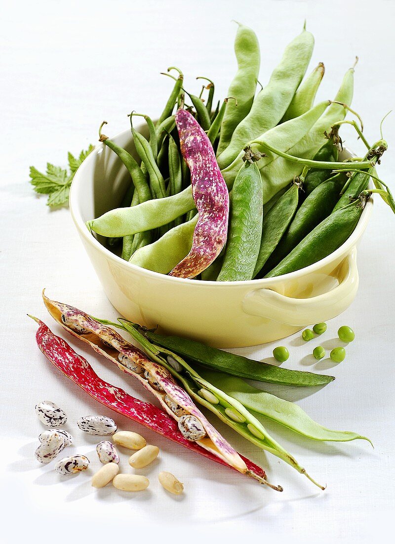 Various types of beans and peas in and beside a pot