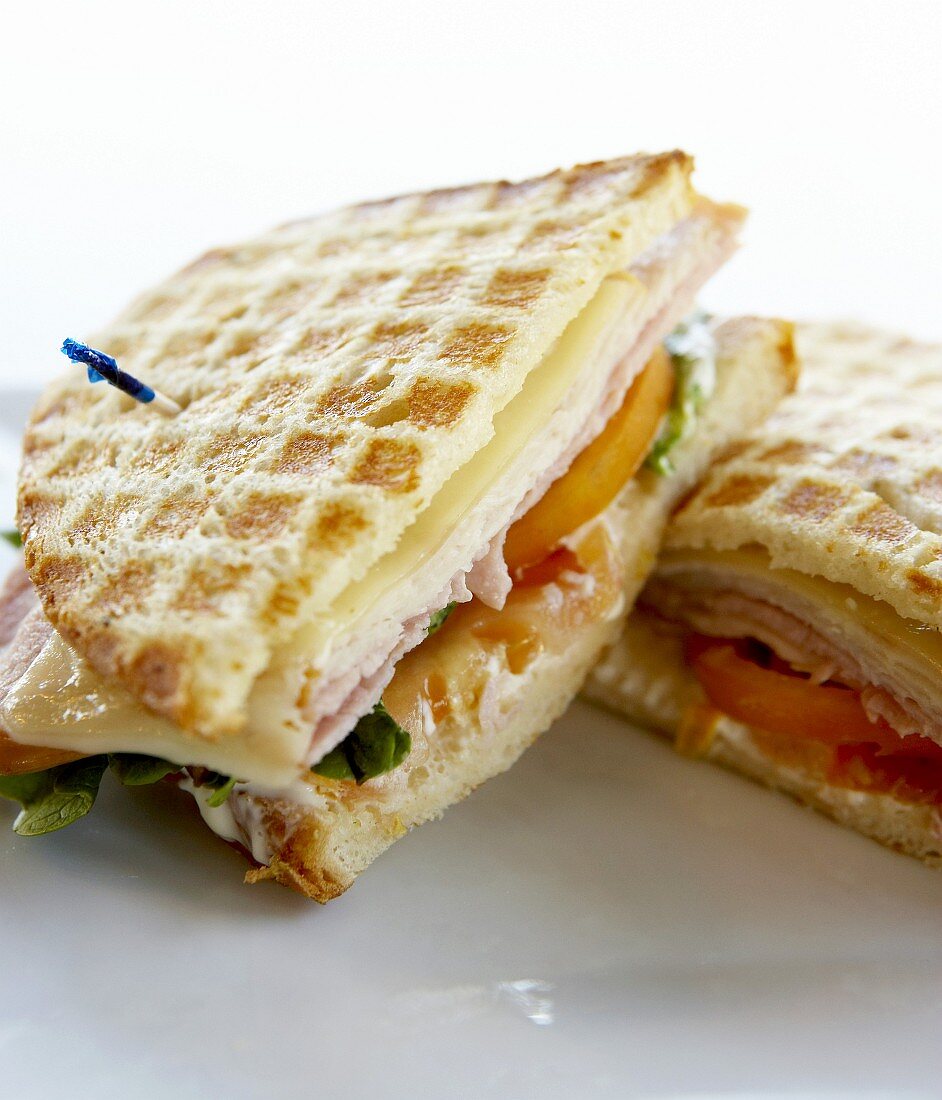 Toasted ham, cheese and tomato sandwiches