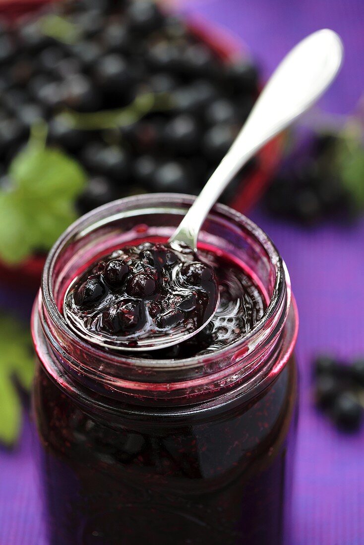 Blackcurrant jam in jar with spoon