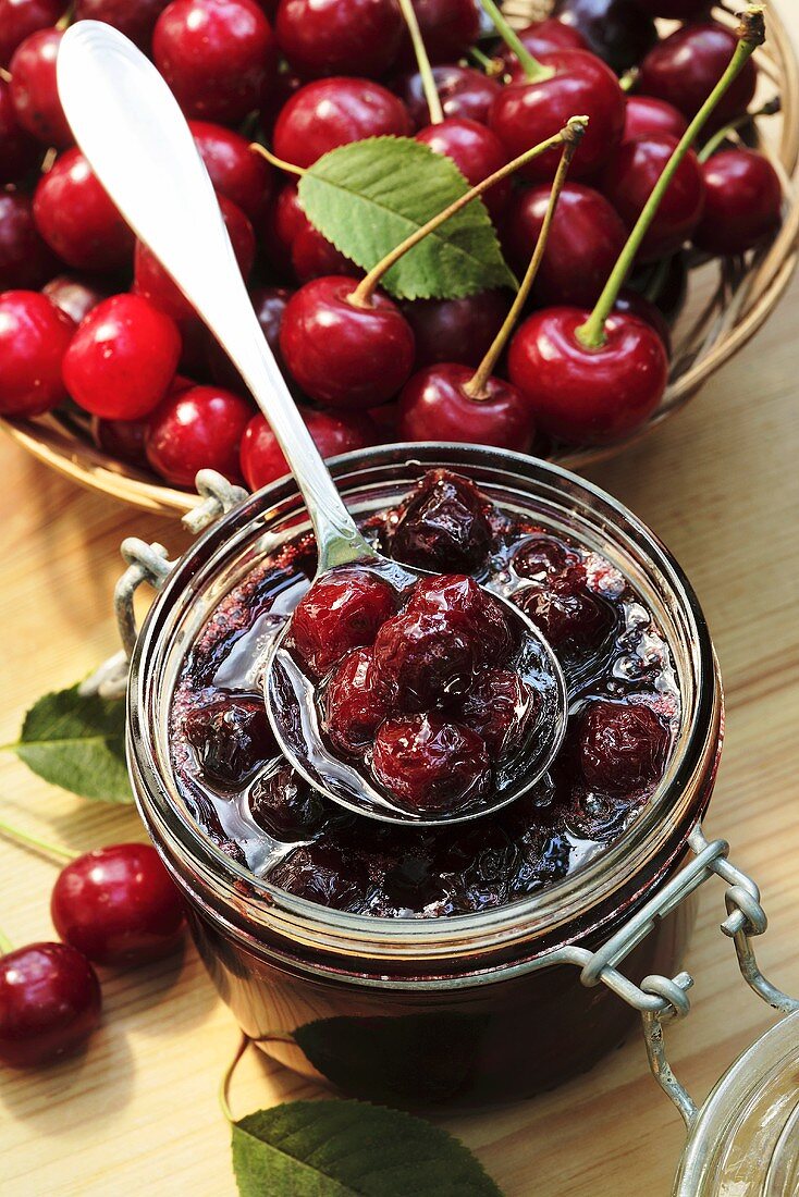 Cherry jam and fresh cherries