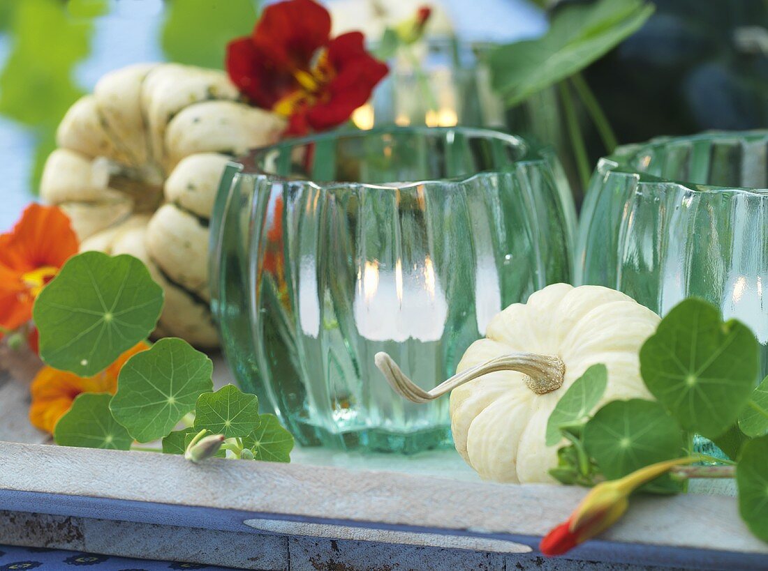 Autumn table decoration: candles in glasses, gourds, nasturtiums