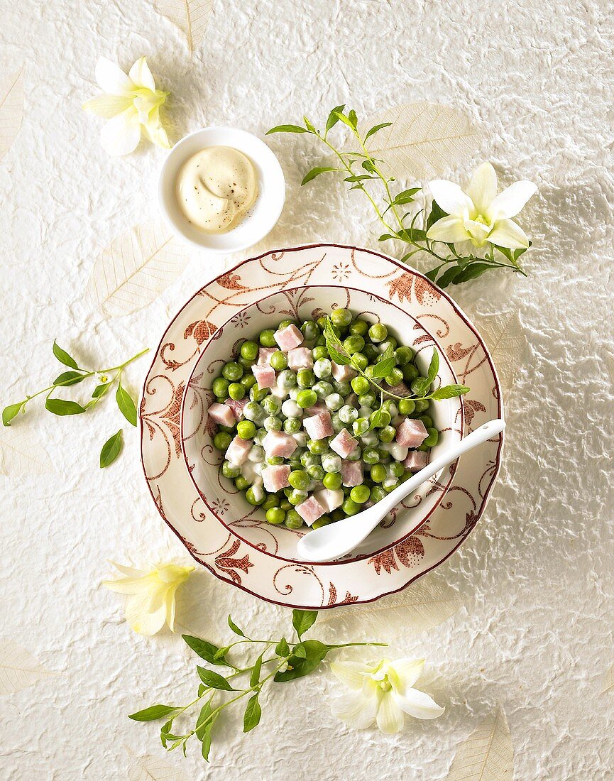 Pea and ham salad with mayonnaise (overhead view)