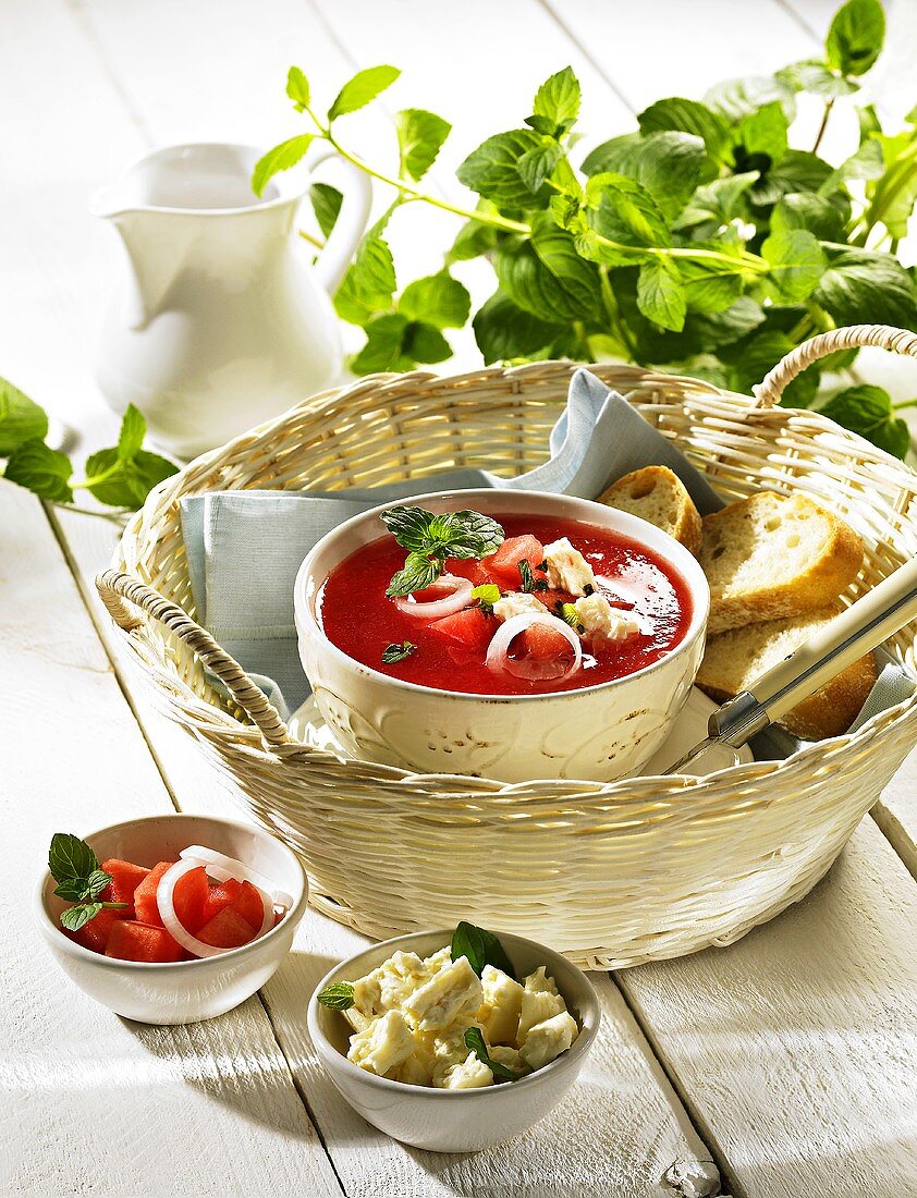 Watermelon soup with feta and mint