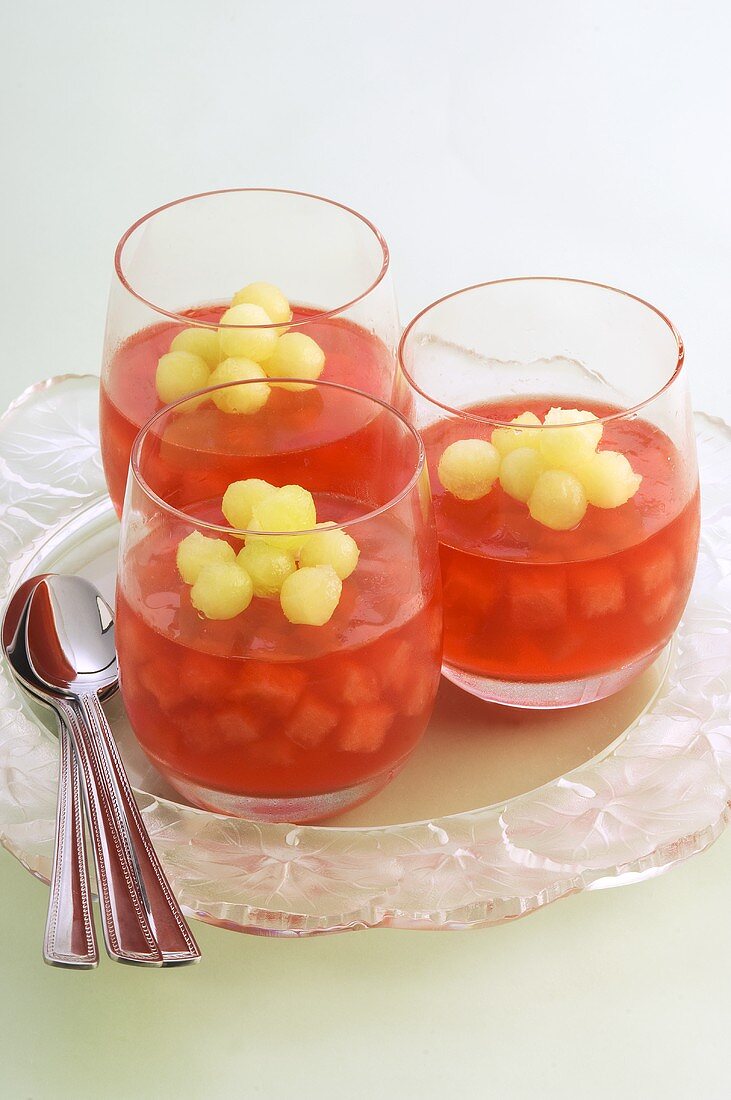 Watermelon jelly with honeydew melon balls