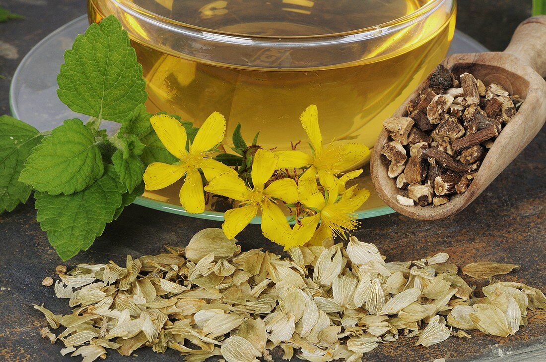 Herbal tea with St. John's wort, valerian root, hops & lemon balm