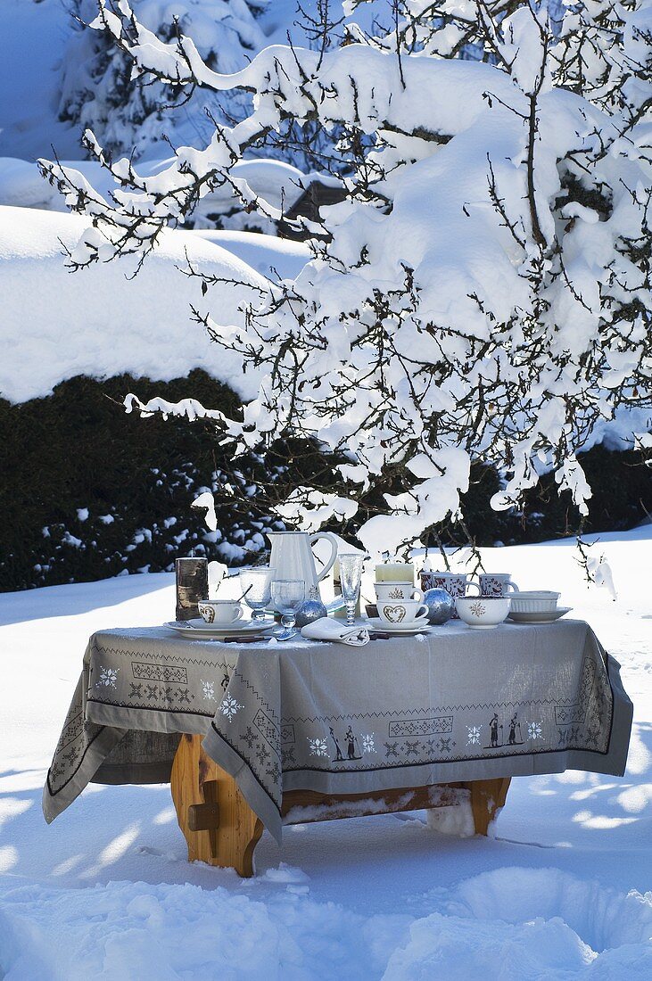 Gedeckter Tisch im winterlichen Garten (weihnachtlich)