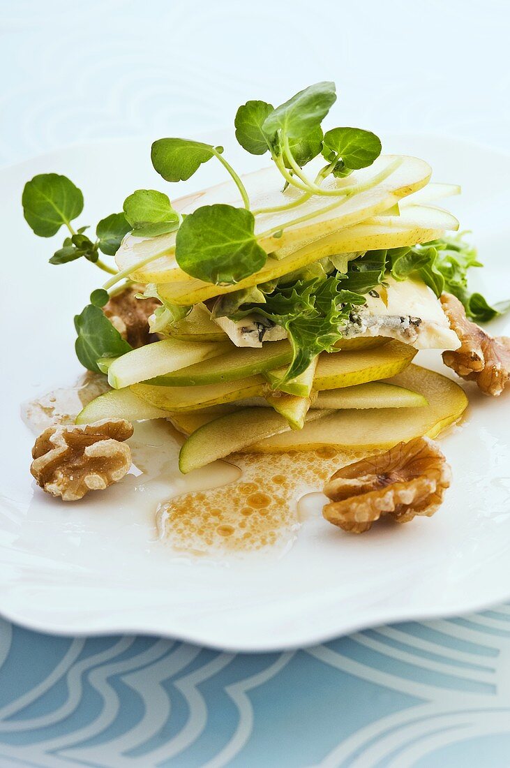 Apfel-Birnen-Salat mit Brunnenkresse und Walnüssen