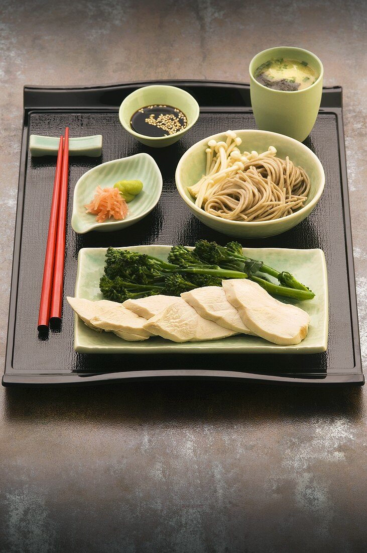 Hähnchenfilet mit Stengelkohl, Nudeln, Ingwer, Wasabi, Sojasauce (Japan)