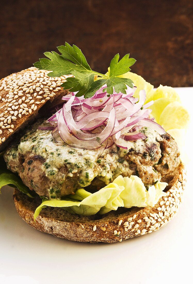 Lamb burger with blue cheese and onion