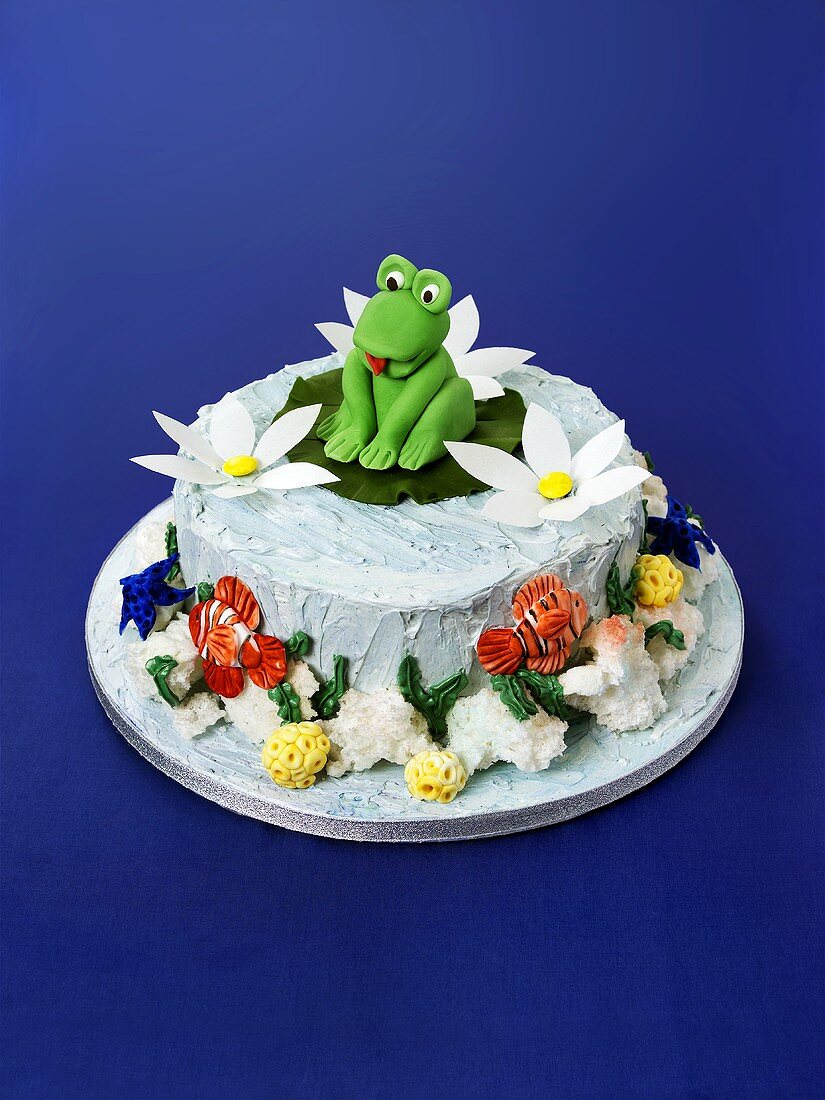 Pond cake with marzipan frog