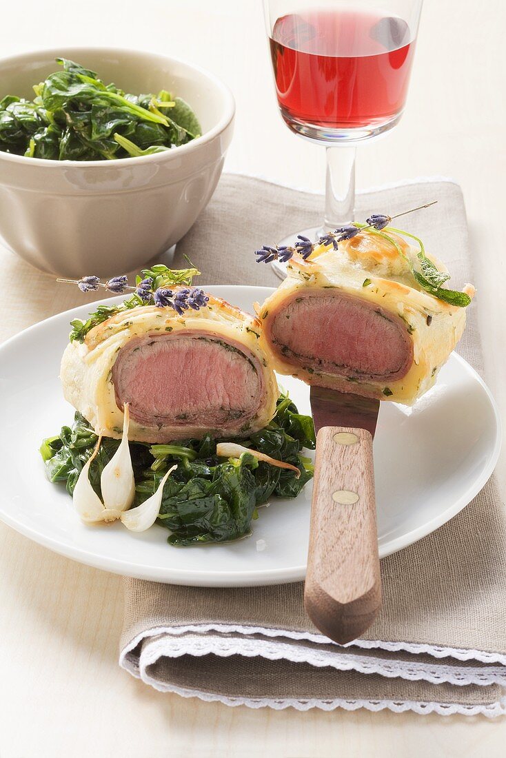 Boneless loin of lamb in puff pastry with herbs