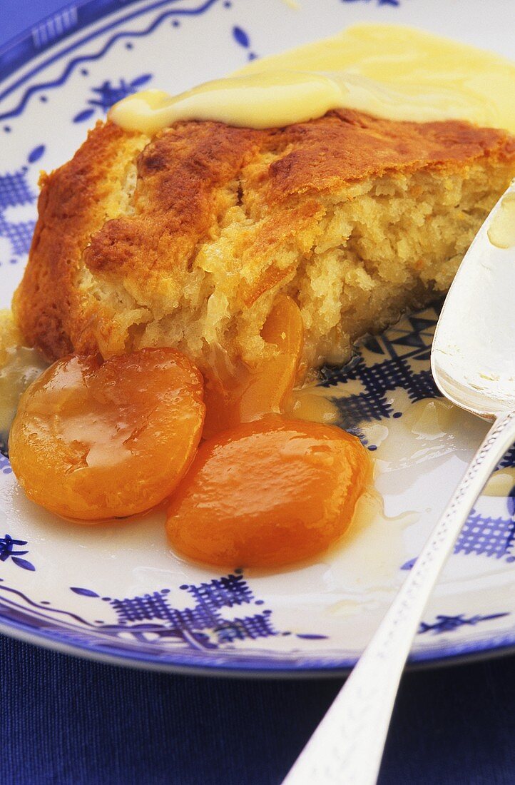 Bread pudding with apricots and custard