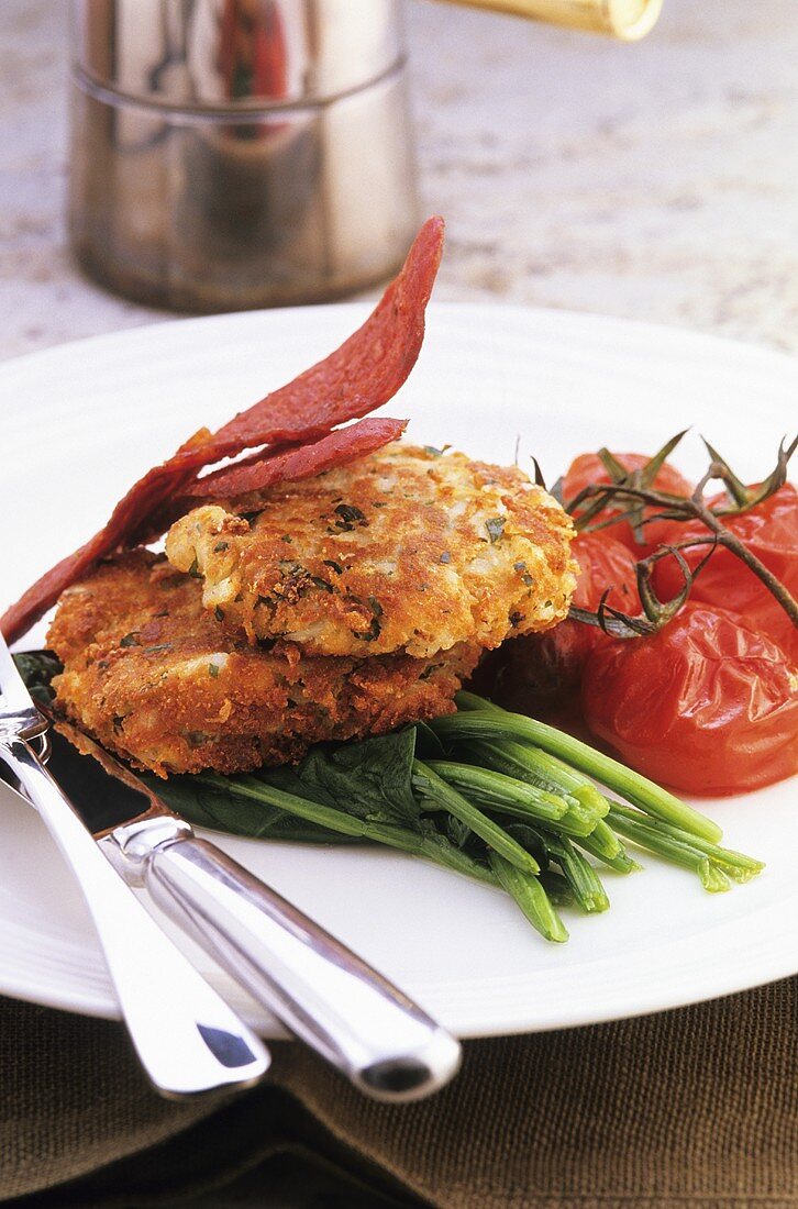 Potato cakes with bacon and vegetables