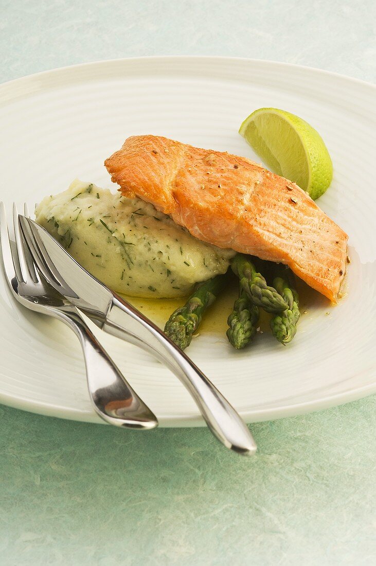 Salmon trout with fennel mashed potato and asparagus