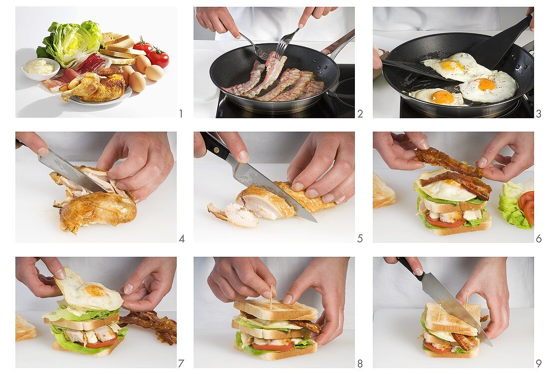 Making club sandwich with chicken, egg, tomato and bacon