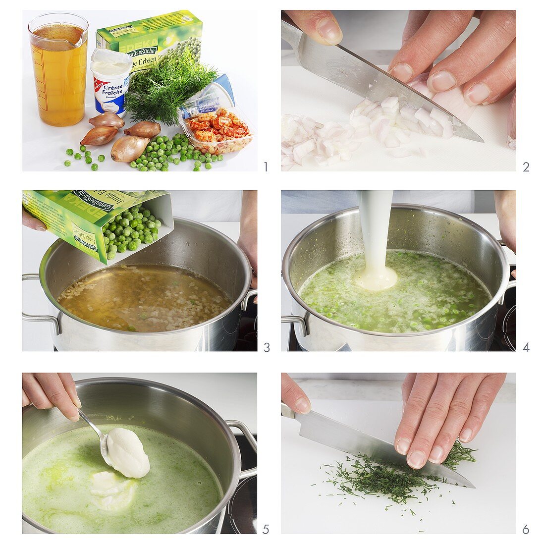 Making cream of pea soup with crayfish and dill