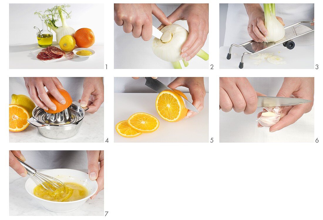 Fenchelsalat mit italienischer Salami, Orangen und Zitronen zubereiten