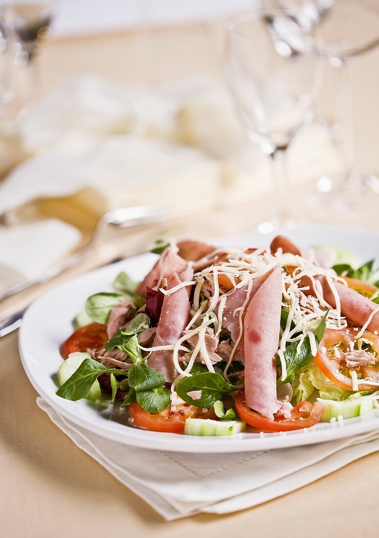 Gemischter Blattsalat mit Schinken und Thunfisch