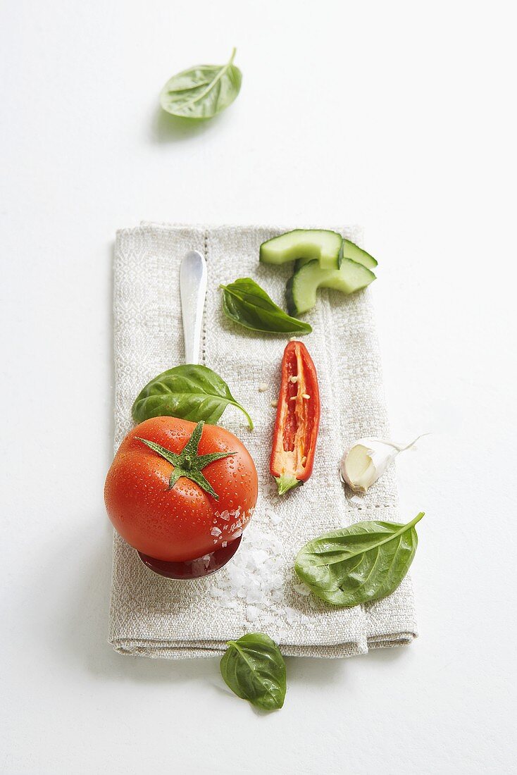 Vegetables, basil and salt on fabric napkin