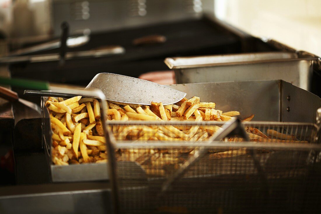 Chips in deep-frying basket