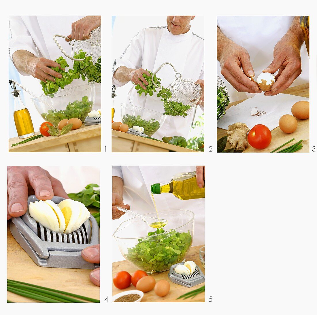 Koch bereitet Feldsalat mit gekochten Eiern zu
