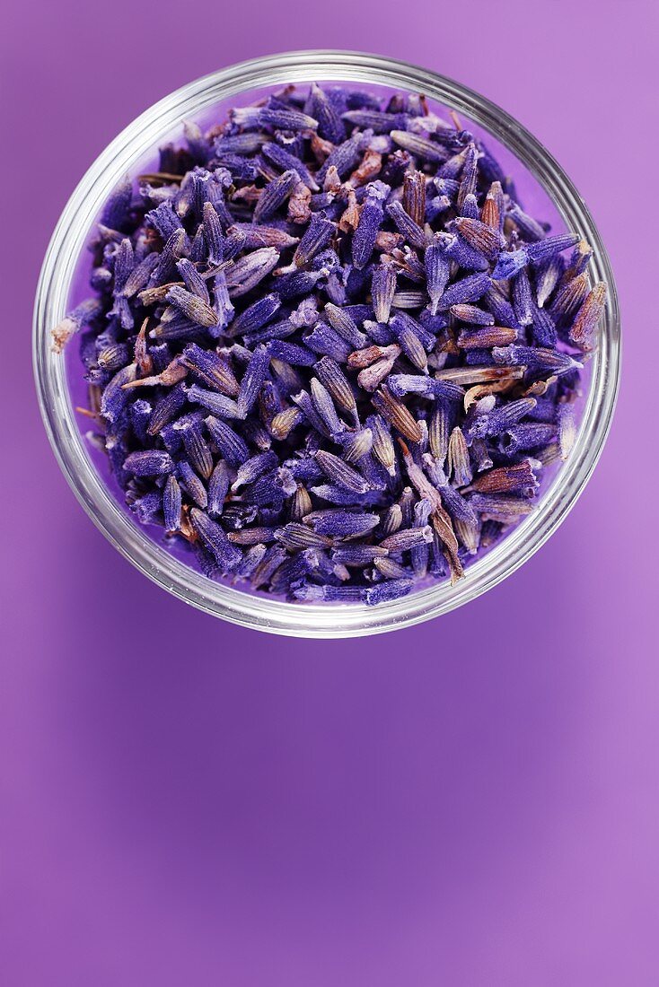 Dried lavender flowers in a dish